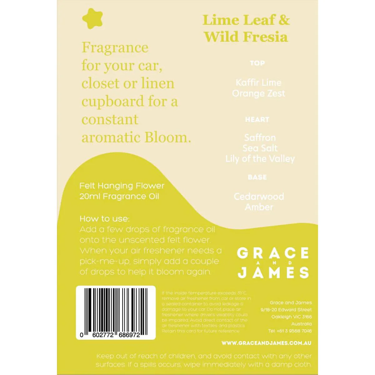 Grace and James Bloom Lime Leaf & Fresia Felt Air Freshener 20ml - Image 4